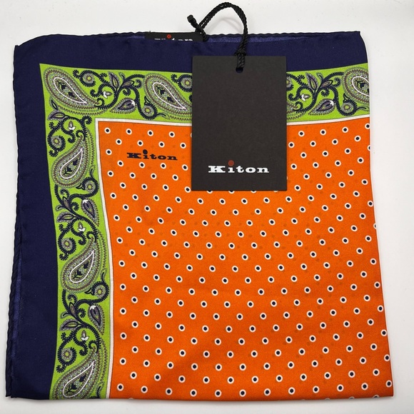 100% NWT KITON Silk Pocket Square Orange - Green - Blue. (15 X 15) - Picture 1 of 5